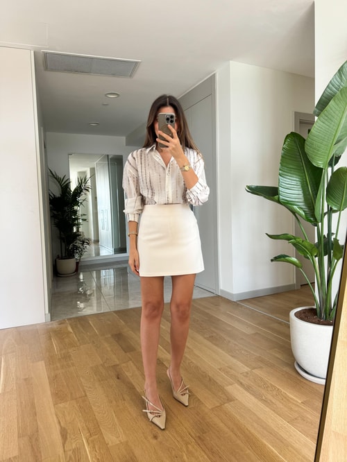 Düz Kesim Mini Etek-Ekru