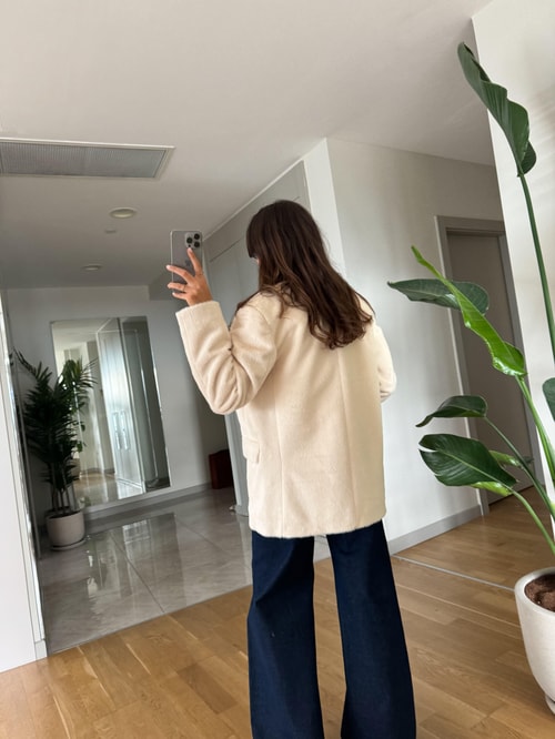 Ekru Alpaka Kürk Görünümlü Blazer Ceket