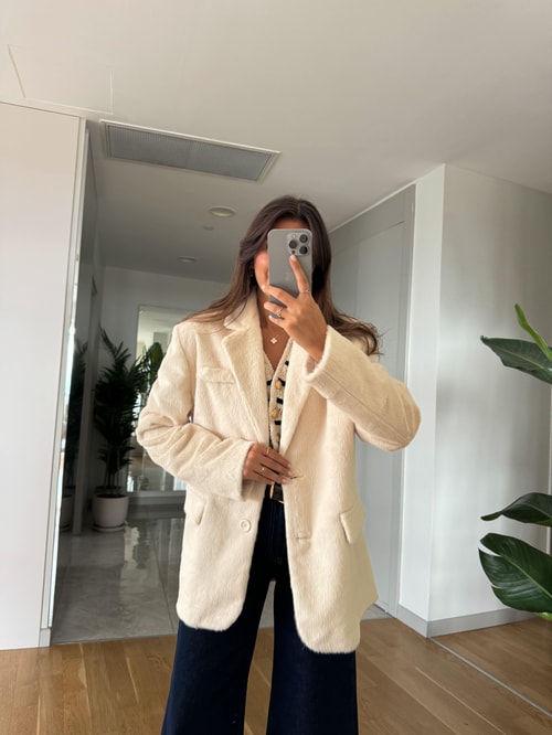 Ekru Alpaka Kürk Görünümlü Blazer Ceket