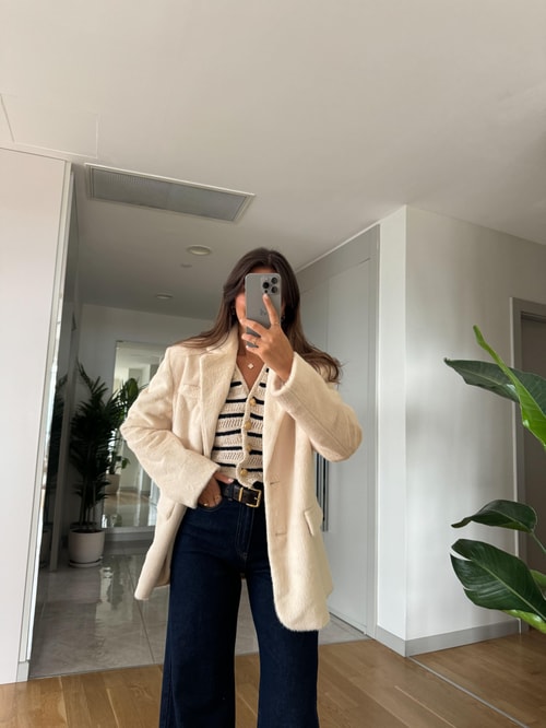 Ekru Alpaka Kürk Görünümlü Blazer Ceket