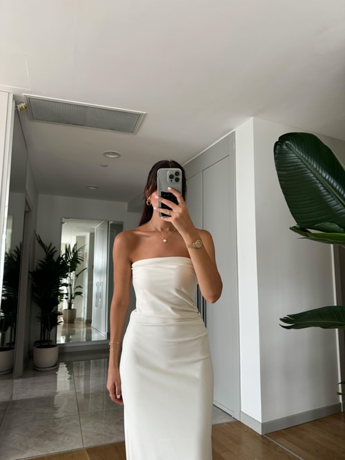 Ekru Beli Drapeli Straplez Midi Elbise