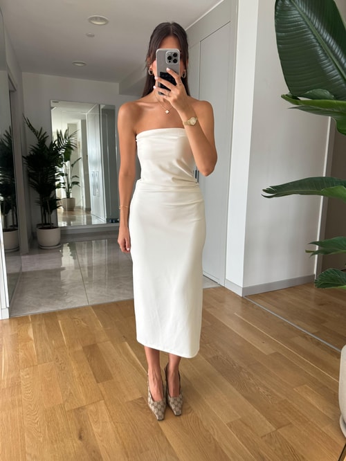 Ekru Beli Drapeli Straplez Midi Elbise