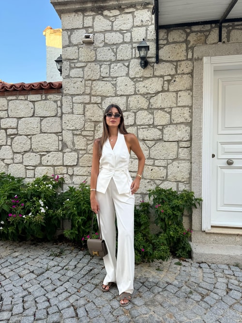 Ekru Beli Lastikli Poliviskon Pantolon