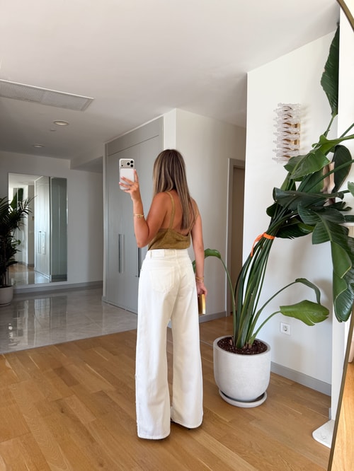 Ekru Delikli Ve Nakışlı Wide Leg Jean