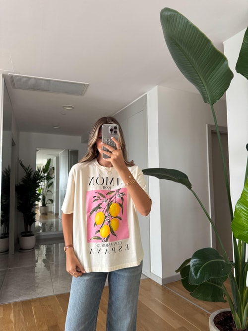 Ekru Pembe Limon Baskılı Tişört