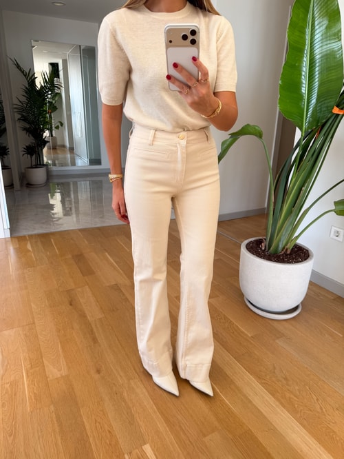 Ekru Süs Cepli Flare Jean 