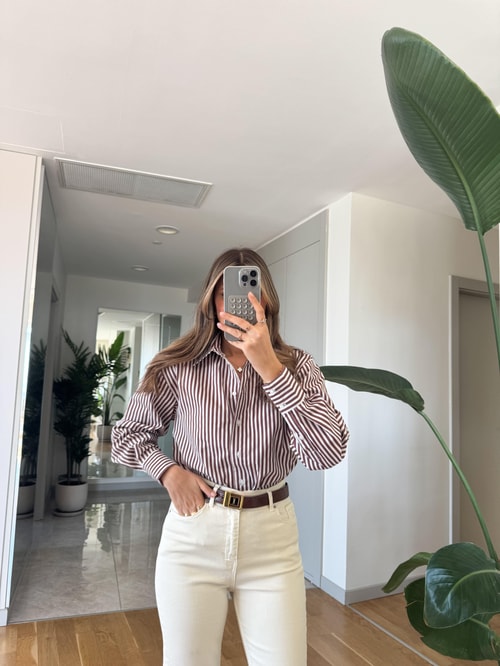 Elina Çizgili Oxford Gömlek - Kahve