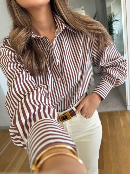 Elina Çizgili Oxford Gömlek - Kahve