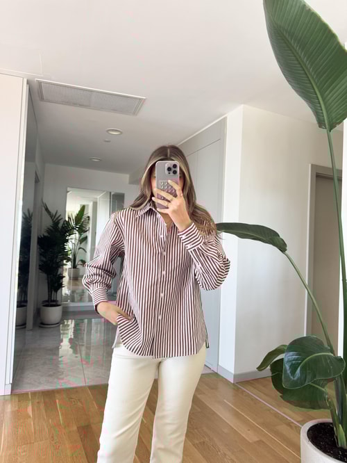 Elina Çizgili Oxford Gömlek - Kahve