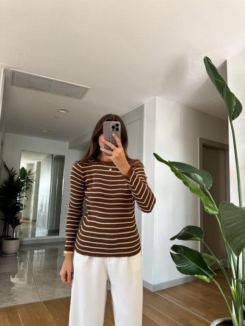 Emily Çizgili Basic Triko-Camel