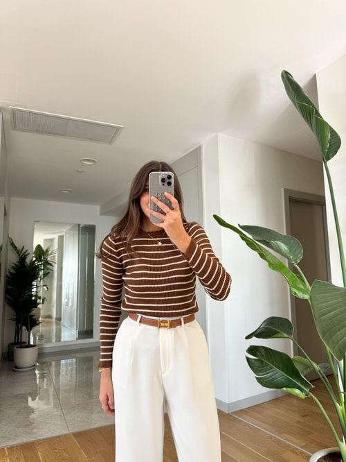Emily Çizgili Basic Triko-Camel