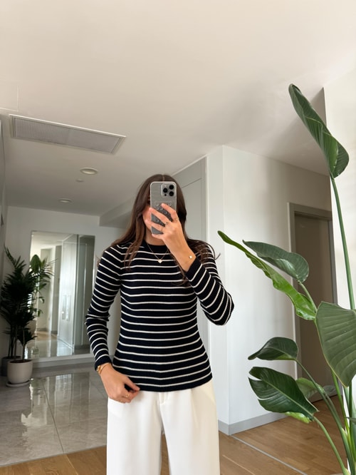 Emily Çizgili Basic Triko-Siyah