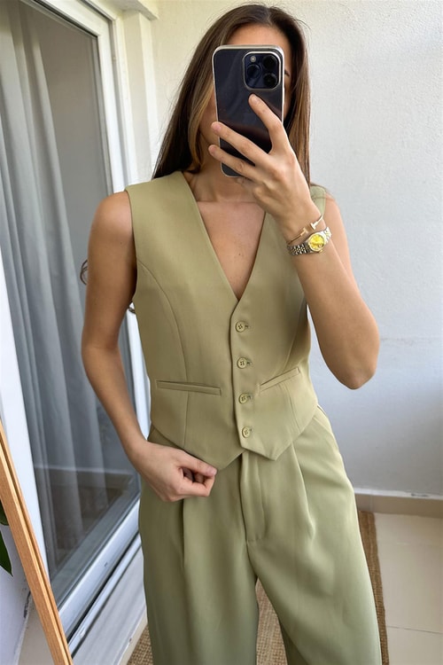 Ermes Çizgili Maskulen Düğmeli Yelek-Soft Yeşil