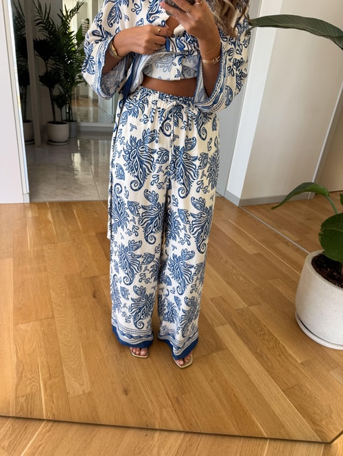 Etnik Desenli Kimono Takım - Mavi 