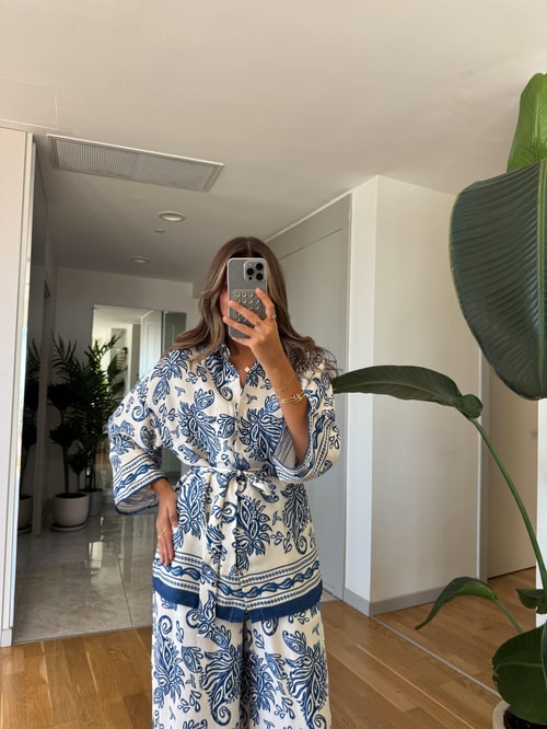 Etnik Desenli Kimono Takım - Mavi 