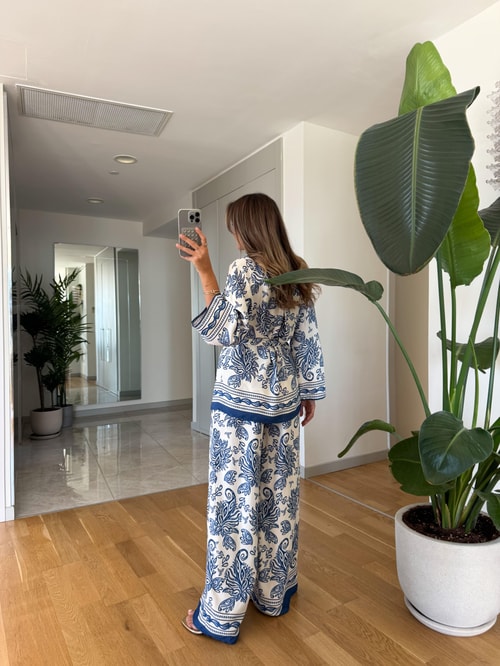 Etnik Desenli Kimono Takım - Mavi 