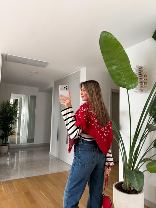 Etnik Desenli Triko Şal - Kırmızı