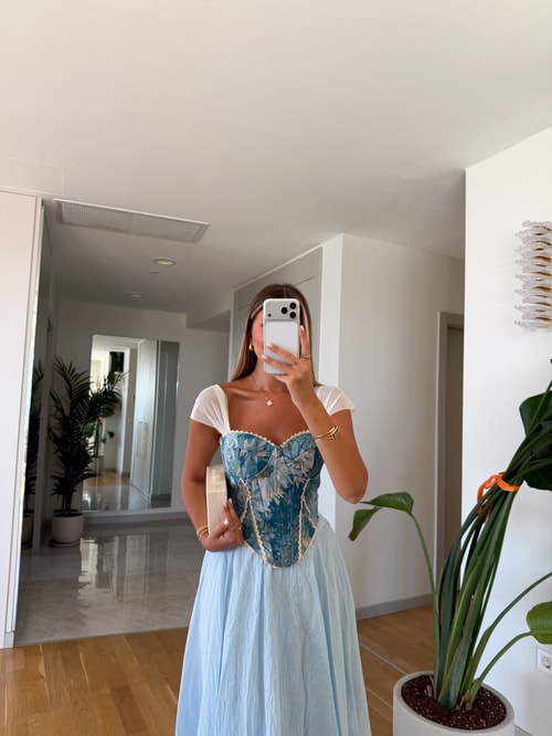 Felica Dantel Biyeli Korse Bluz - Mavi 