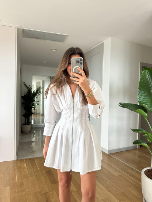 Fermuarlı Belden Oturan Poplin Elbise-Beyaz