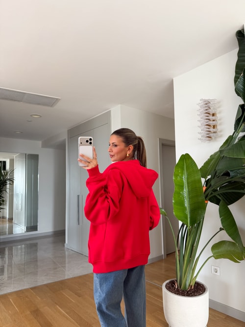 Fermuarlı Şardonlu Sweatshirt - Kırmızı