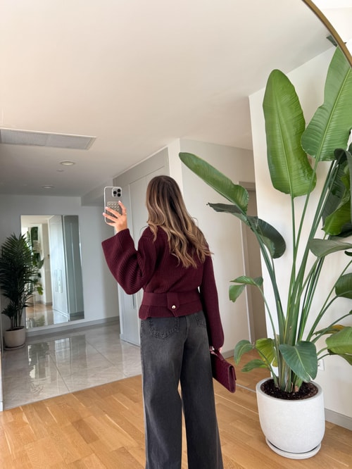 Fermuarlı Ve Kemerli Triko Hırka - Bordo