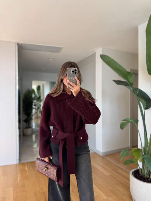 Fermuarlı Ve Kemerli Triko Hırka - Bordo