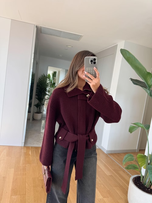 Fermuarlı Ve Kemerli Triko Hırka - Bordo