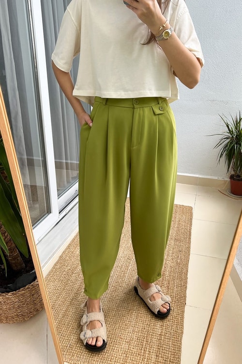 Fıstık Yeşili Paçası Düğmeli Şalvar Pantolon