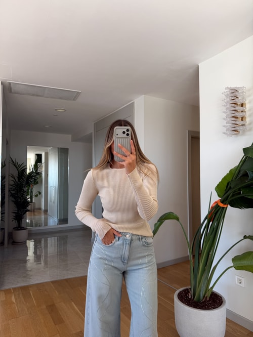 Fitilli Pullu Bluz - Krem