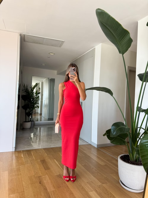 Fk Çarpraz Yaka Midi Elbise - Nar Çiçeği