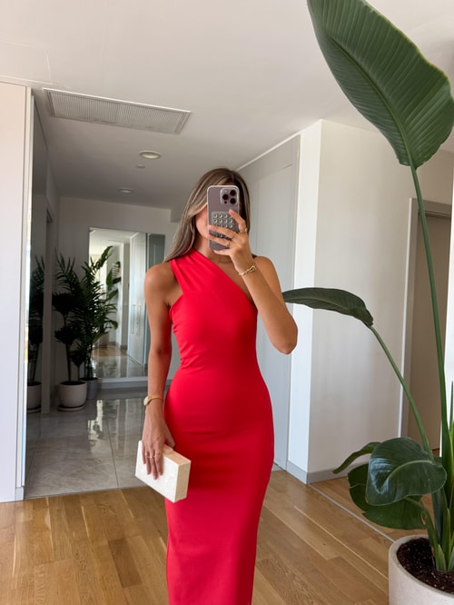 Fk Çarpraz Yaka Midi Elbise - Nar Çiçeği