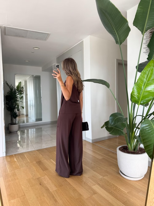 Flo Tek Kol Bluz Pantolon Takım - Kahve