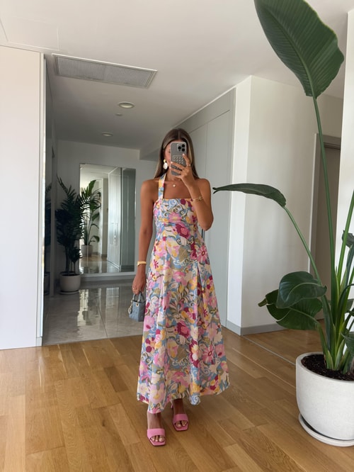 Floral Desen Keten Dokulu Elbise