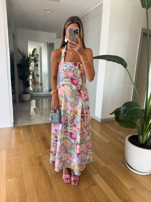 Floral Desen Keten Dokulu Elbise