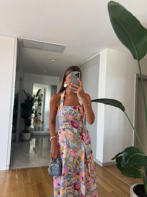 Floral Desen Keten Dokulu Elbise
