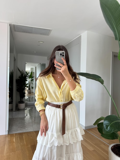 Flw Kendinden Çizgili Dokulu Gömlek- Sarı