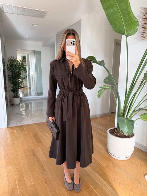 Frank Kuşaklı Fermuarlı Elbise - Kahve