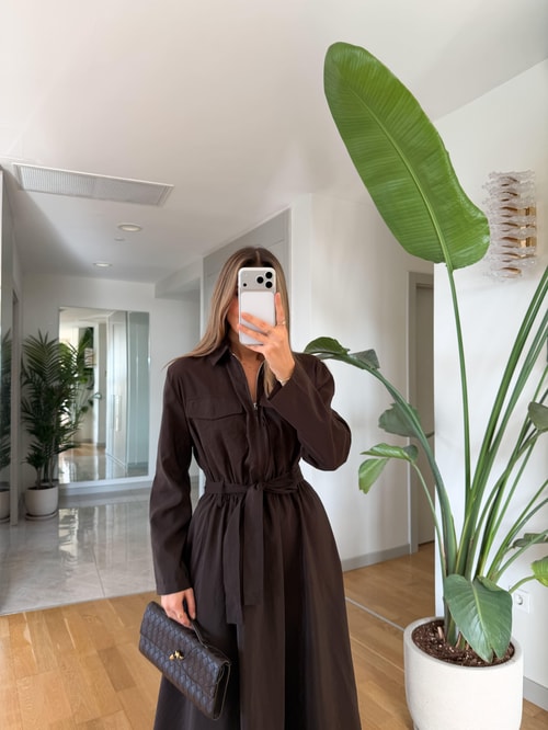 Frank Kuşaklı Fermuarlı Elbise - Kahve