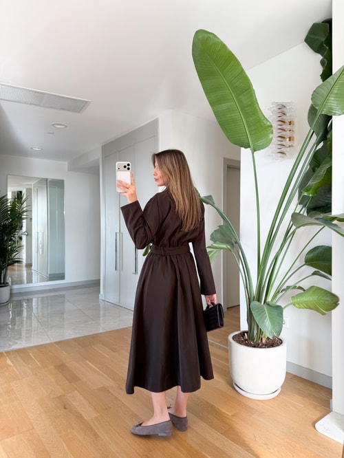 Frank Kuşaklı Fermuarlı Elbise - Kahve