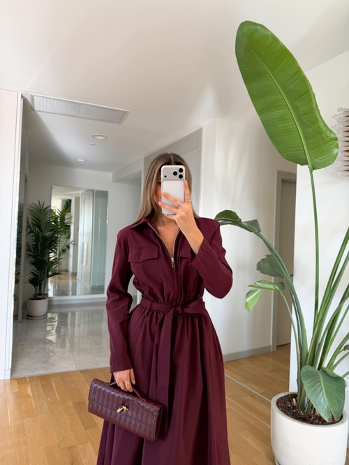 Frank Kuşaklı Fermuarlı Elbise - Mürdüm