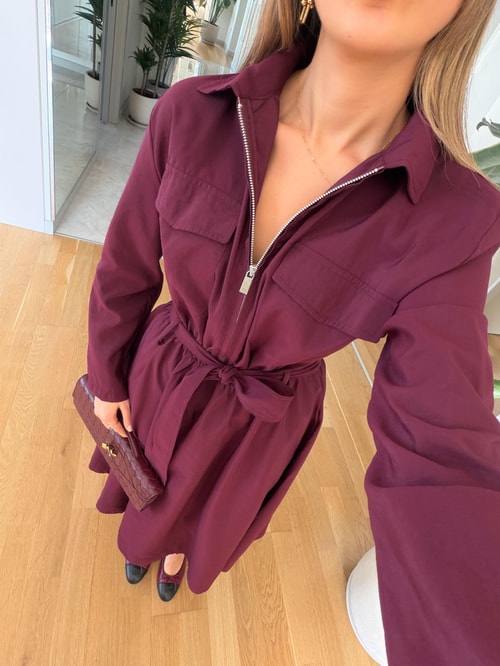 Frank Kuşaklı Fermuarlı Elbise - Mürdüm