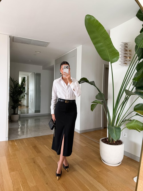 Freya Önden Yırtmaçlı Midi Etek - Siyah