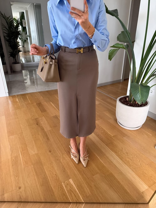 Freya Önden Yırtmaçlı Midi Etek - Sütlü Kahve