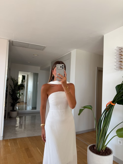 Fularlı Straplez Elbise - Beyaz