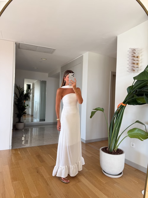 Fularlı Straplez Elbise - Beyaz