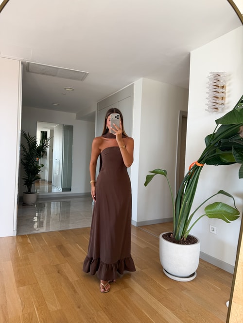 Fularlı Straplez Elbise - Kahve