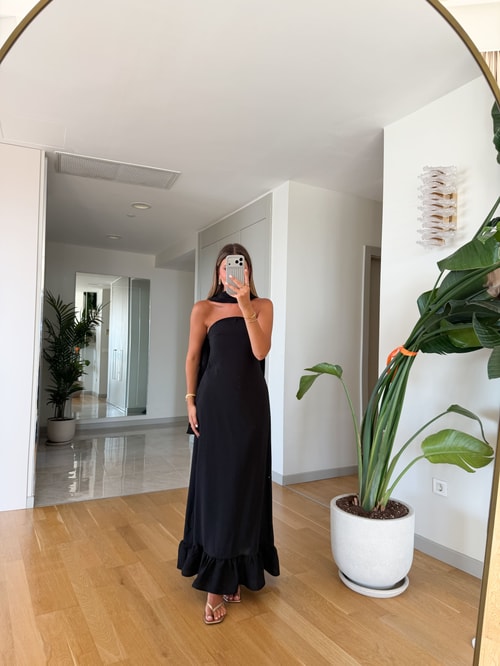 Fularlı Straplez Elbise - Siyah 