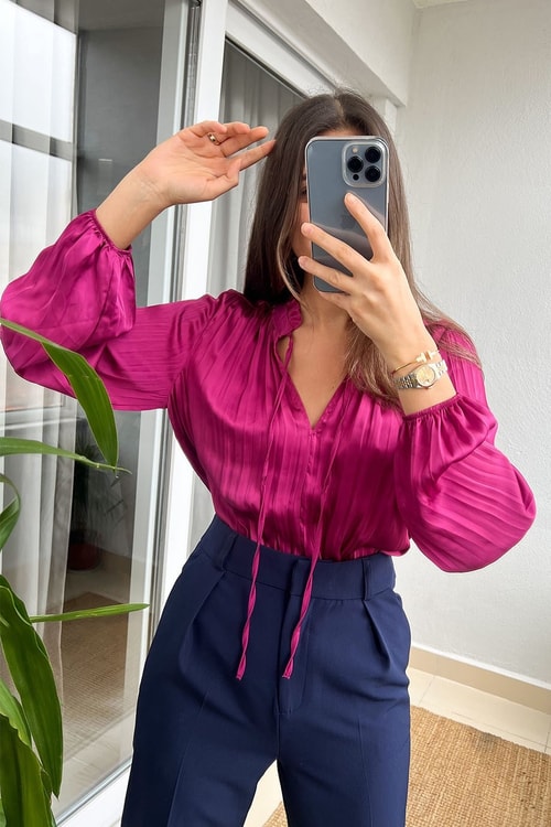 Fuşya Saten Bluz