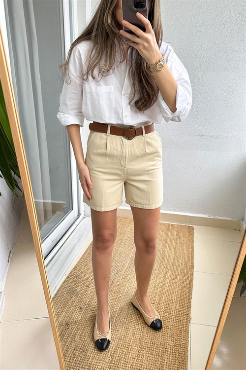 Gabardin Kemerli Şort-Bej