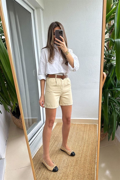 Gabardin Kemerli Şort-Bej